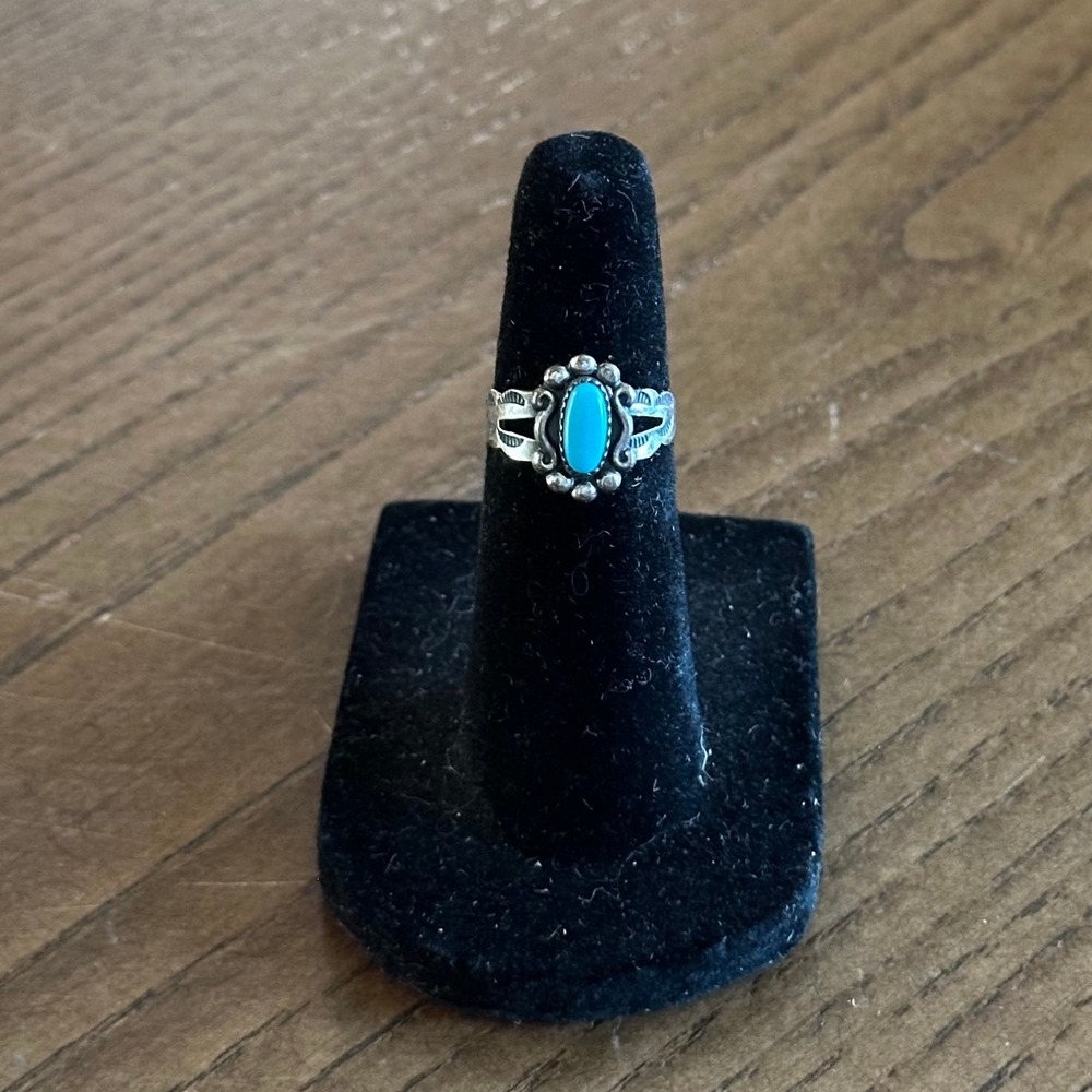 Vintage Southwestern Sterling Silver Turquoise Ring Stamped Band Size 3.5